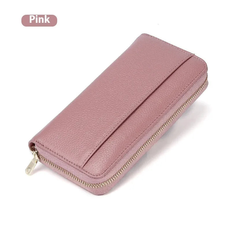 Long genuine leather women's wallet in six colour options showing large capacity and card organisation