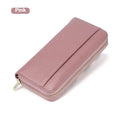 Long genuine leather women's wallet in six colour options showing large capacity and card organisation