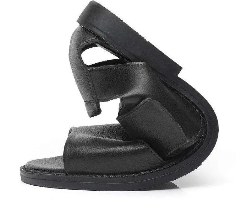 Men's black and brown leather casual sandals with open-toe design and rubber sole