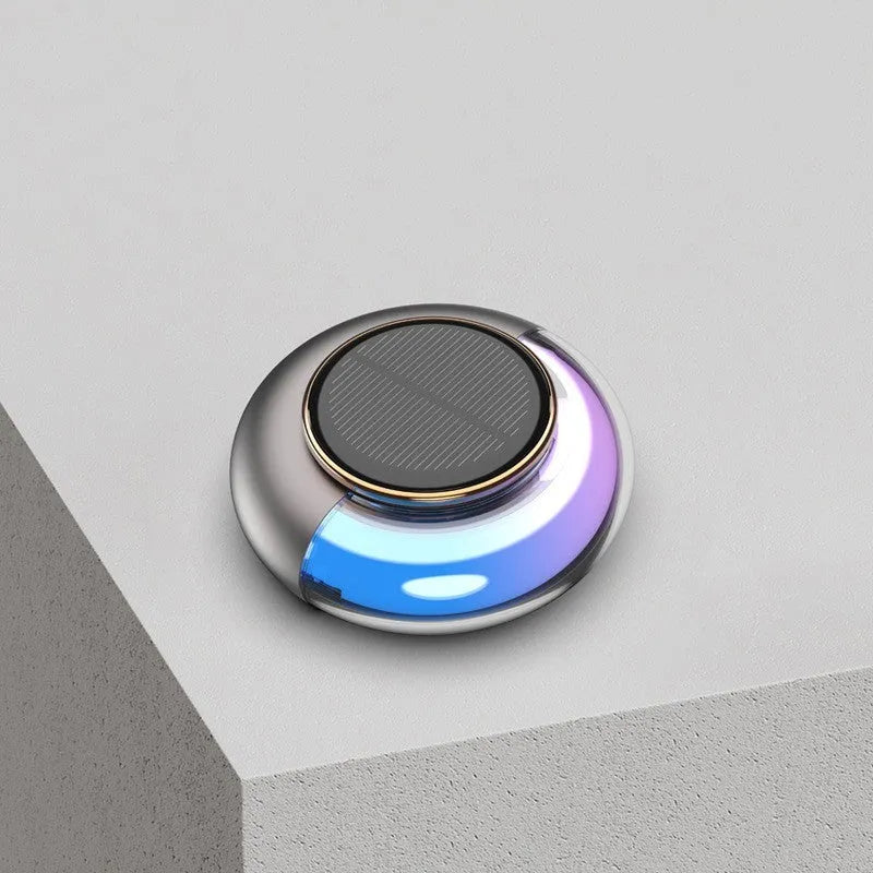 Round solar car fragrance in grey with rotating motor, diameter 77mm, height 31mm