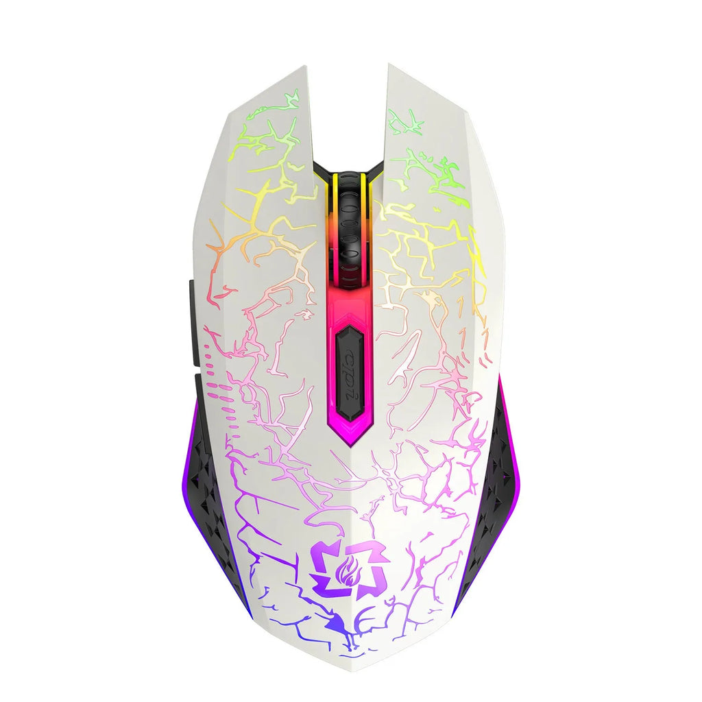 Black and white wireless gaming mouse with luminous breathing light and charging cable for desktop computers
