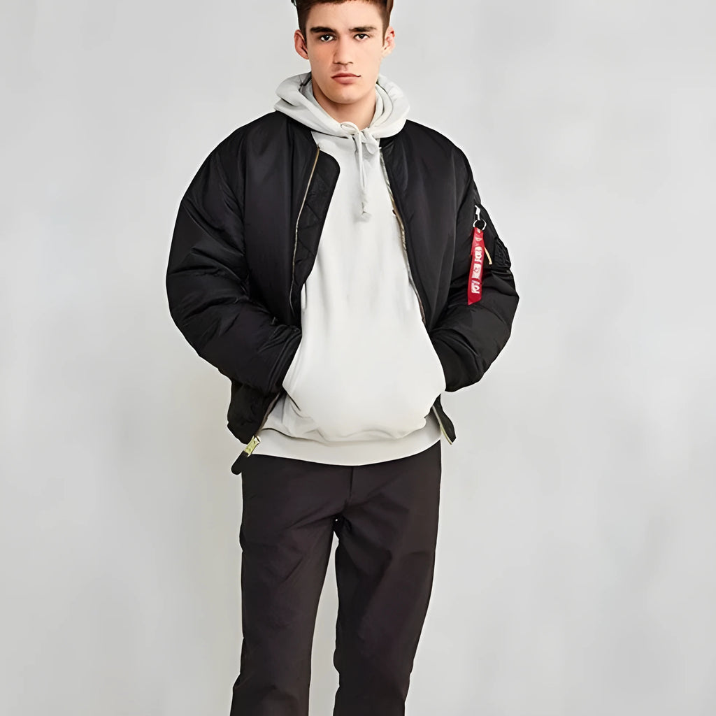 Men's army green loose fit cotton-padded pilot jacket with nylon exterior