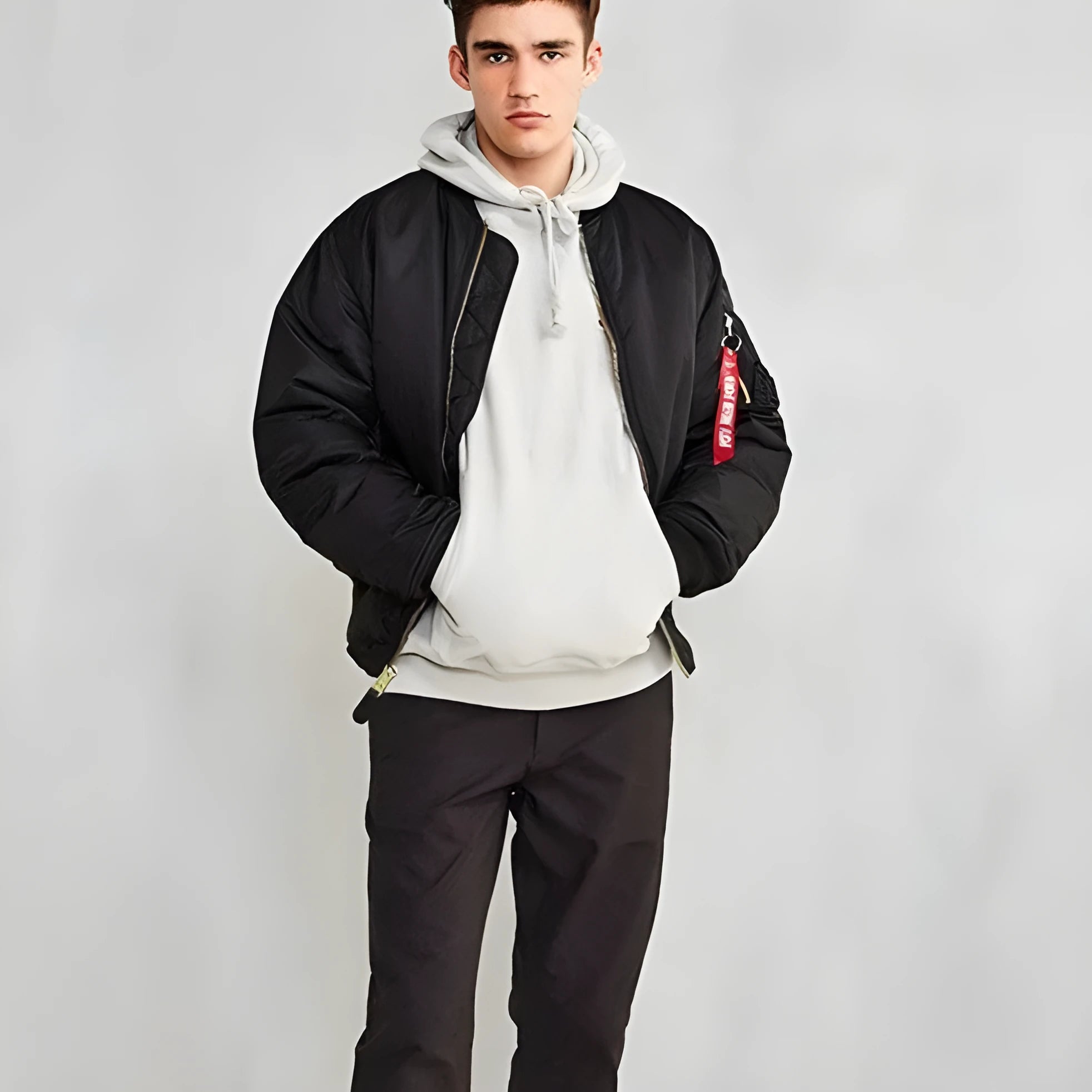 Men's army green loose fit cotton-padded pilot jacket with nylon exterior