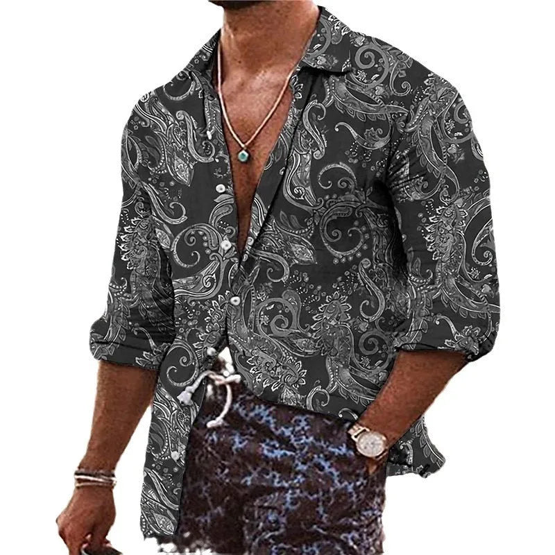 Men's loose fit long sleeve shirt with a 3D digital print flower pattern in a business casual style.