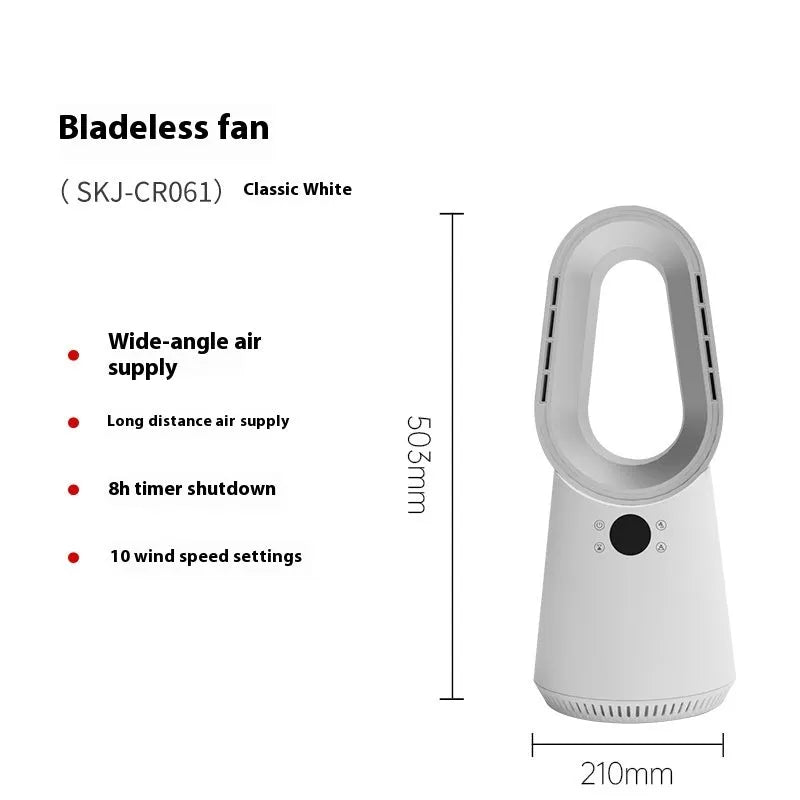 SK bladeless tower fan in white colour with remote control on wooden floor
