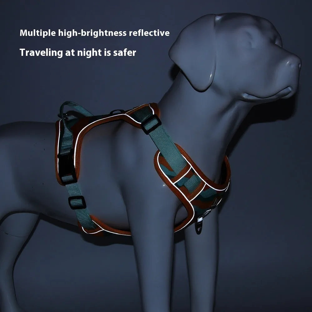 Reflective dog walking harness and lead set with hand holding rope in orange colour