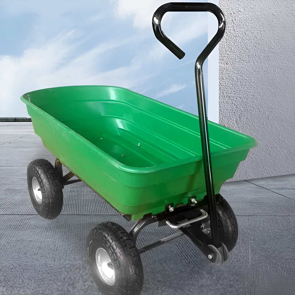 Green four-wheel plastic TC2145 dumptruck toy for kids on a white background.