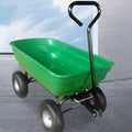 Green four-wheel plastic TC2145 dumptruck toy for kids on a white background.
