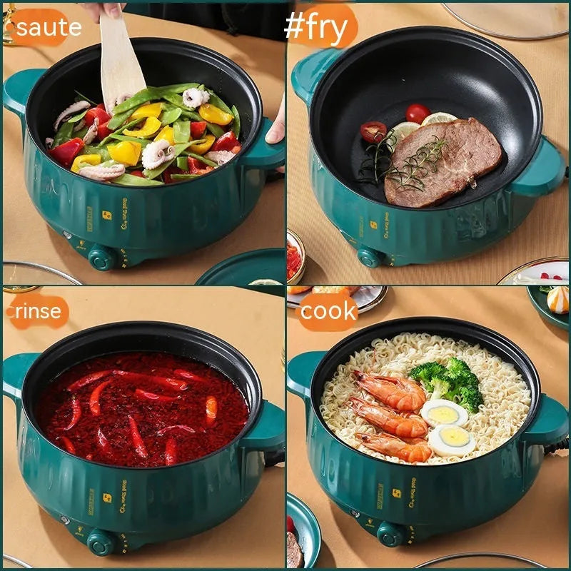 White and green non-stick electric multi-cooker pot with stainless steel body on a kitchen counter.