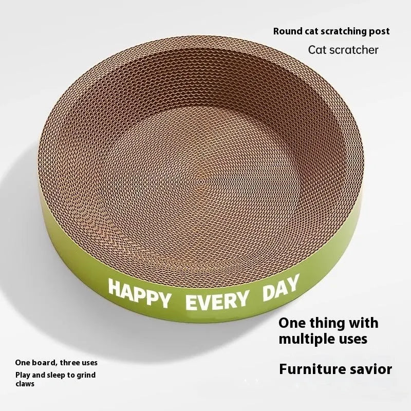 Green round scratching board cat nest showing integrated scratching surface and resting area