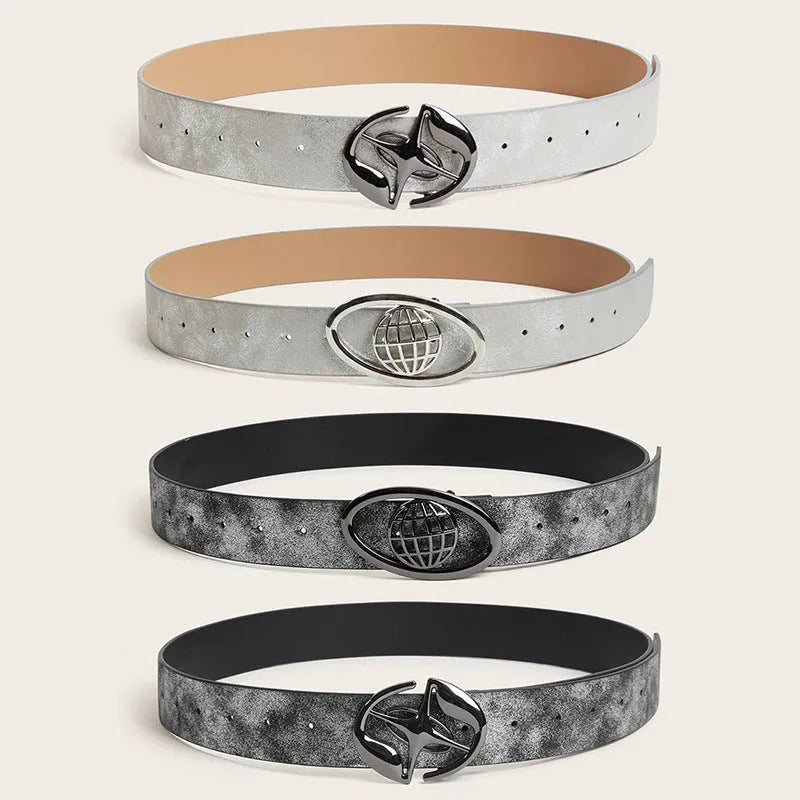 Women's thick retro belt with oval alloy buckle in PU leather showing earth style design
