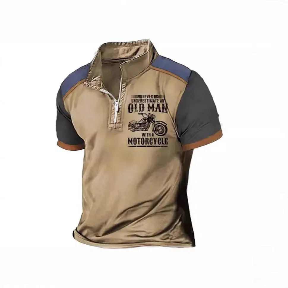 Men's casual polo shirt with lapel collar, digital letter printing, and zipper decorations on short sleeves.