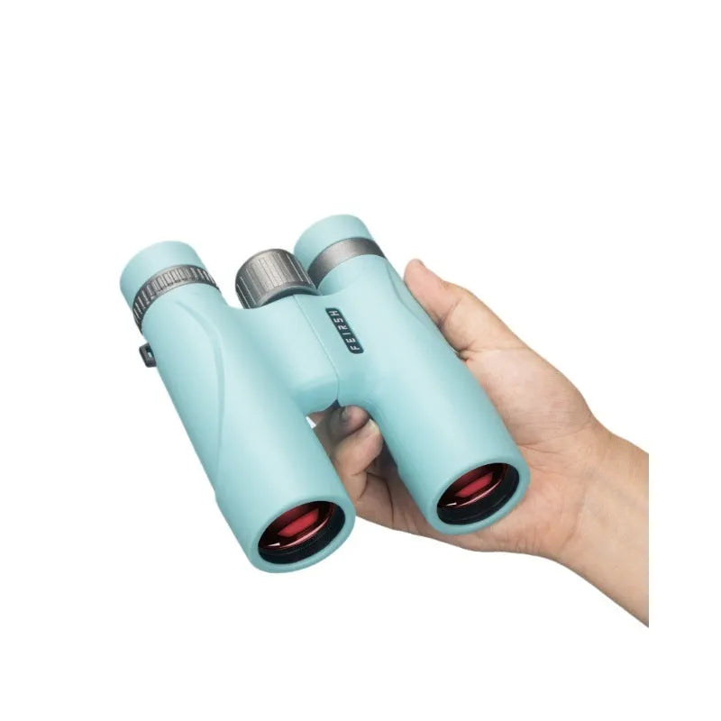 10x32 grey or blue plastic binoculars showing 112mm compact dimensions with optical specifications
