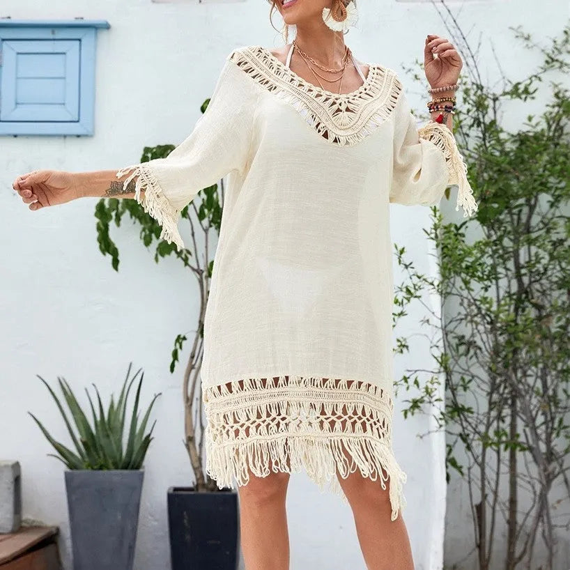 Apricot crocheted patchwork beach dress with half sleeves and mid-length skirt in free size European styling