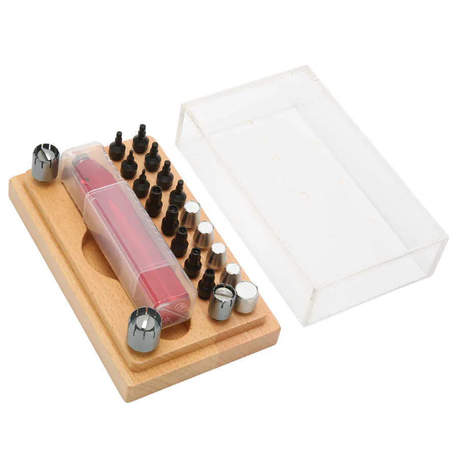 Steel watch repair tool kit with extracting tubes and barrel-opening tools measuring 128x79x43mm