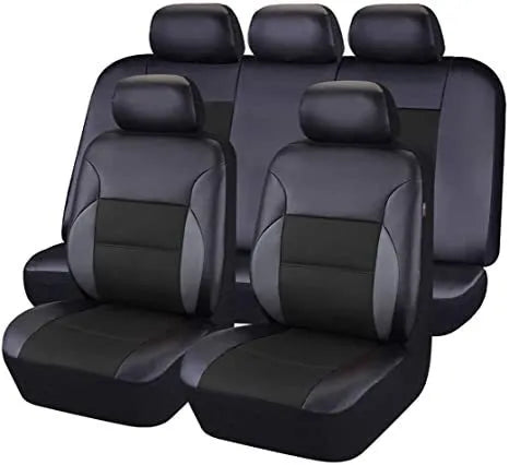 Artificial leather car seat covers in multiple colours with stitching patterns for 5-seater vehicle protection