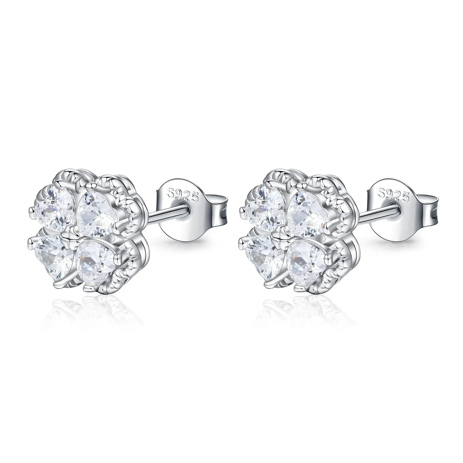 925 silver heart-shaped earrings with zircon stones and four-leaf clover design in white gold colour