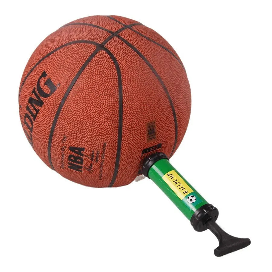Plastic manual hand pump with four nozzles for sports balls and balloons.
