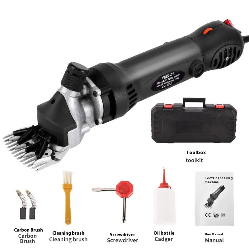Yellow American 110V electric wool shearing machine with multiple blade sets and accessories
