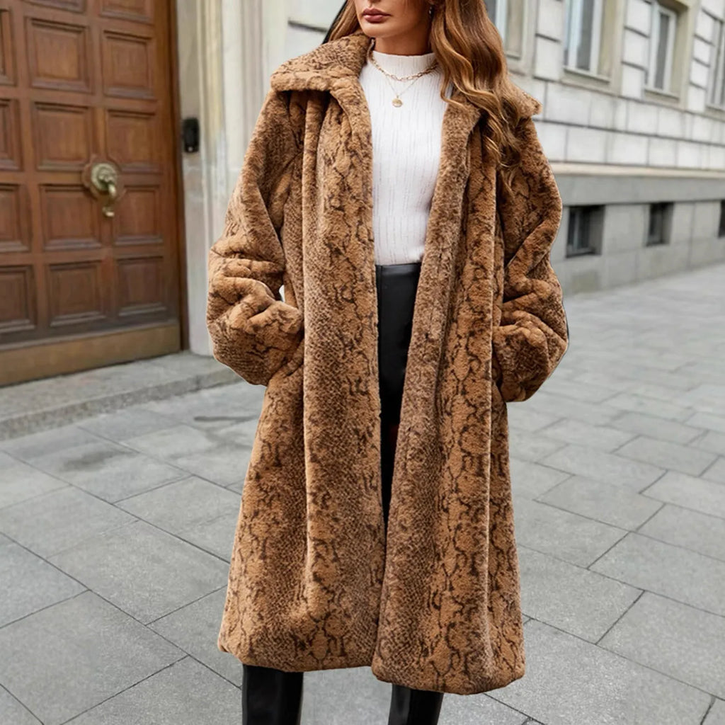 Women's brown leopard print faux fur over-the-knee coat with regular sleeves on a hanger.