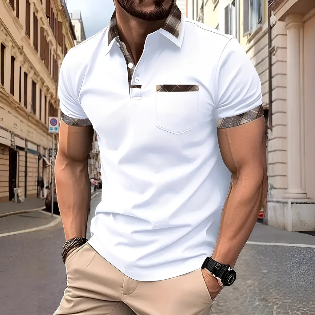 Men's plaid colourblock t-shirt with short sleeves and loose fitting cut