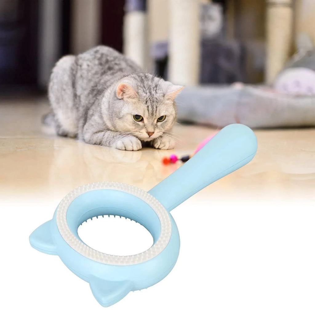 Blue and white pet grooming brush with double-sided design showing deshedding and massage functions