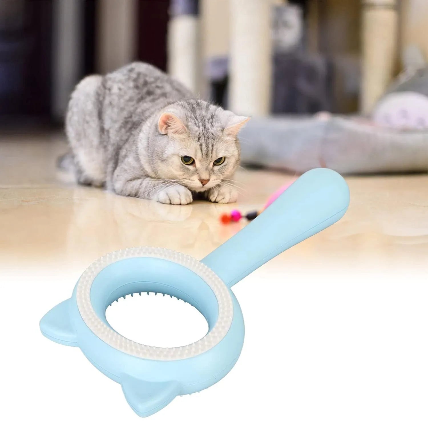 Blue and white pet grooming brush with double-sided design showing deshedding and massage functions