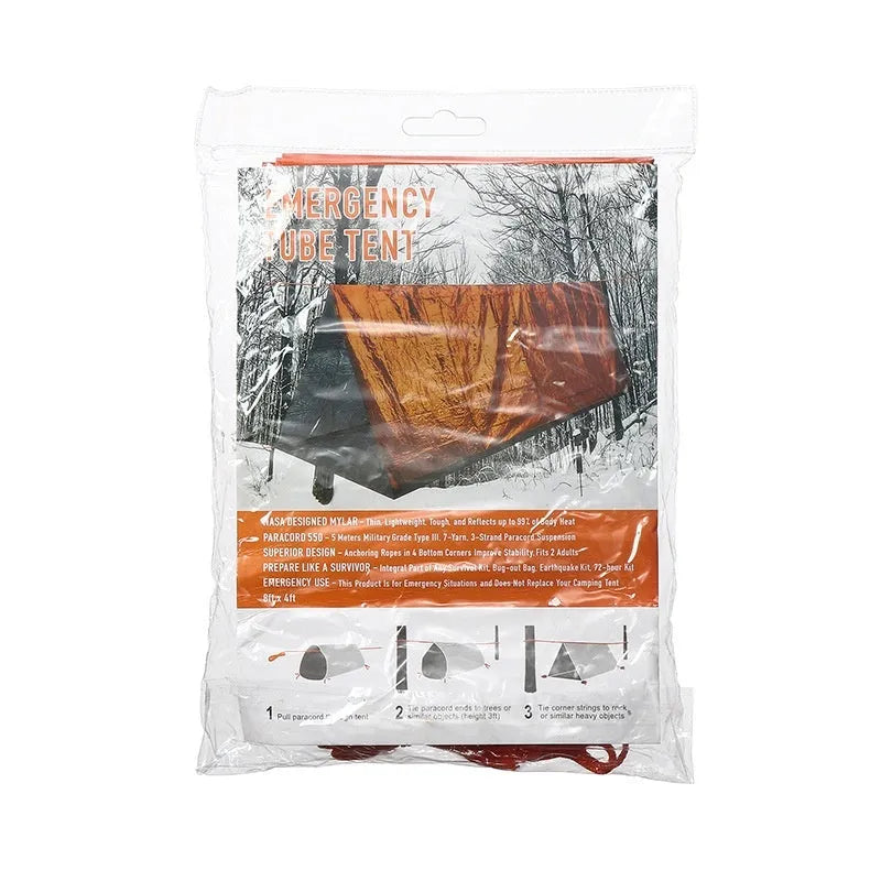 Orange portable disaster relief tent with sleeping bag and emergency blanket for outdoor shelter