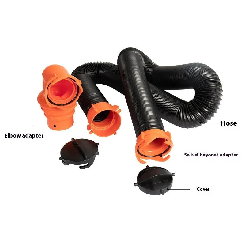 90 degree sewage hose with rotary elbow joint in PP or TPE material showing connector options