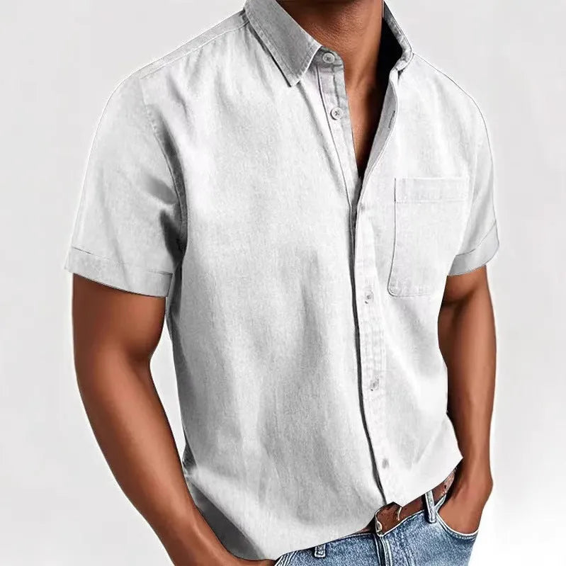 Men's loose fit short sleeve casual shirt in cotton blend fabric with single-breasted cardigan style