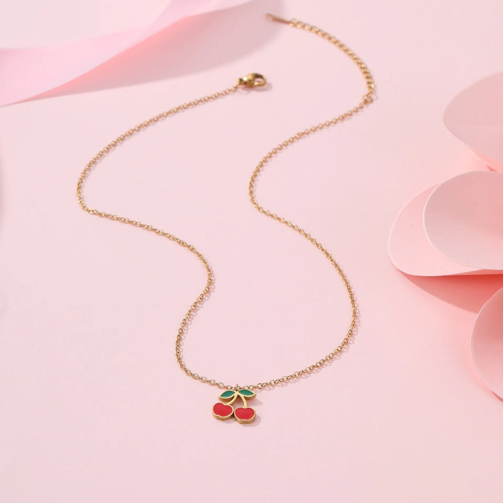 Four-piece 18K gold plated stainless steel jewellery set featuring cherry shaped necklace bracelet earrings and ring