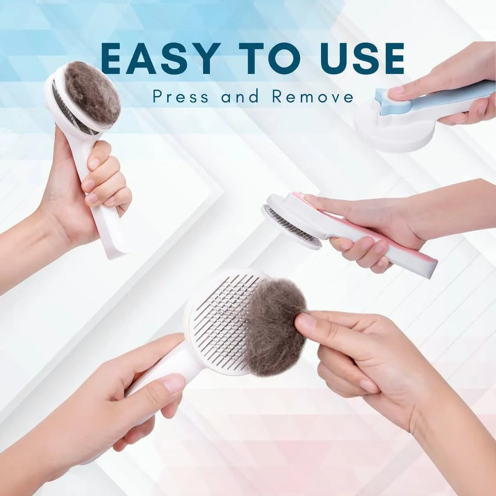 Self-cleaning pet slicker brush with blue ergonomic handle for dog and cat grooming