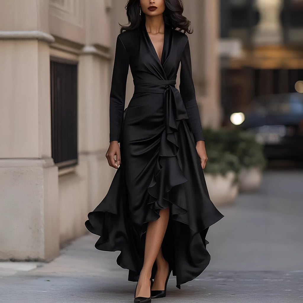 V-neck high waist asymmetric hem dress in polyester available in navy blue wine red and black