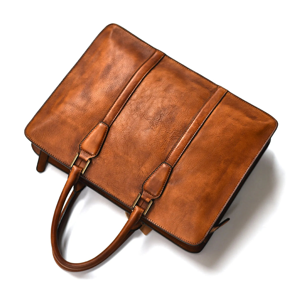 Men's khaki vegetable tanned leather horizontal square handbag with zipper
