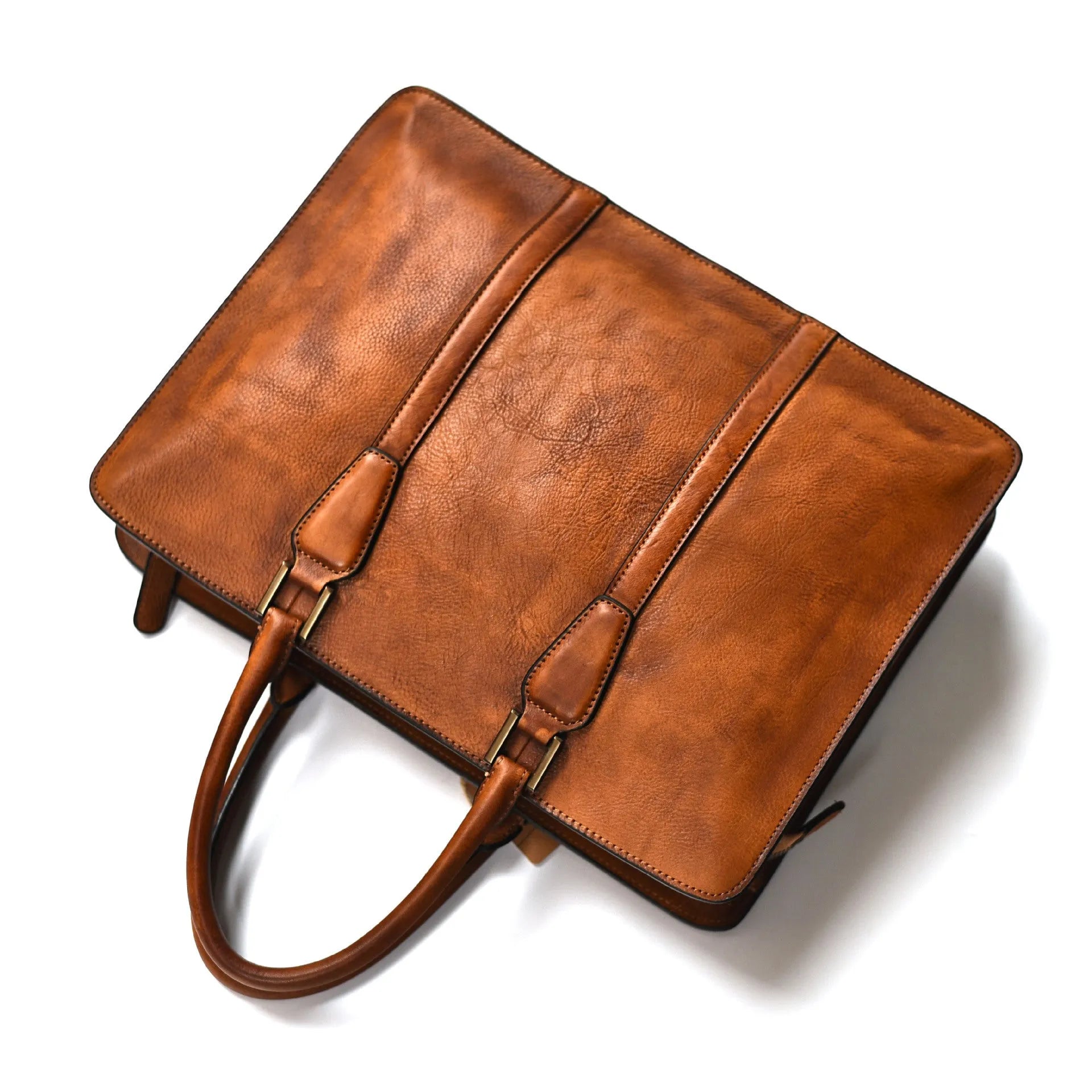 Men's khaki vegetable tanned leather horizontal square handbag with zipper