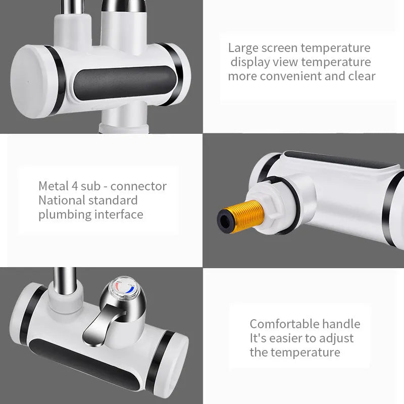 White kitchen electric water heater tap with digital temperature display and control panel