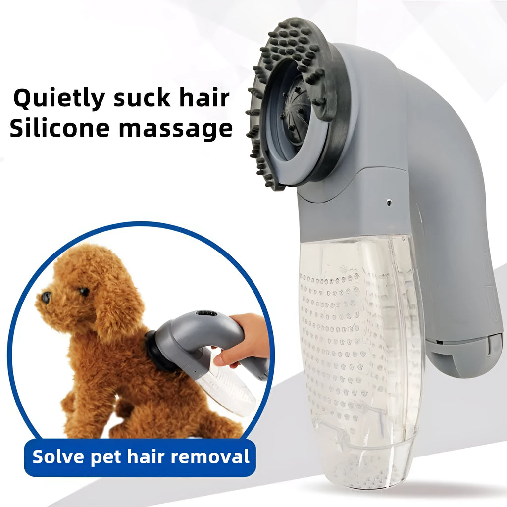 Gray handheld electric pet hair vacuum cleaner with rubber grooming head.