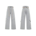 Men's dark blue loose-fit straight-leg cotton jeans with zip fly and pocket decoration.