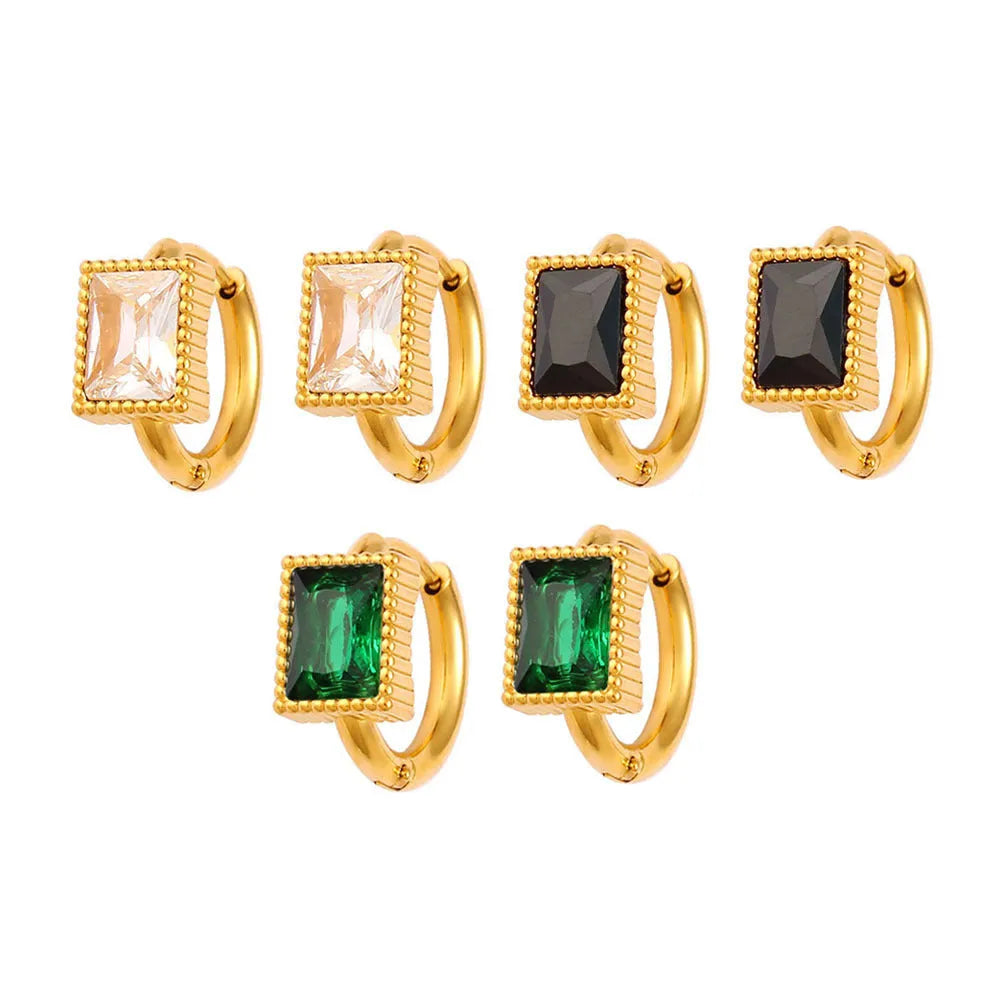Square zircon stainless steel earrings with geometric design and round ring elements