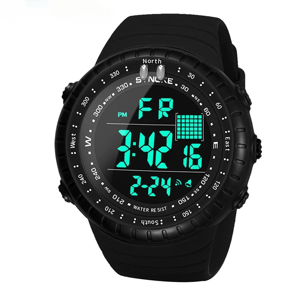 Black men's outdoor electronic watch with 54.74mm dial and WR50M waterproof rating