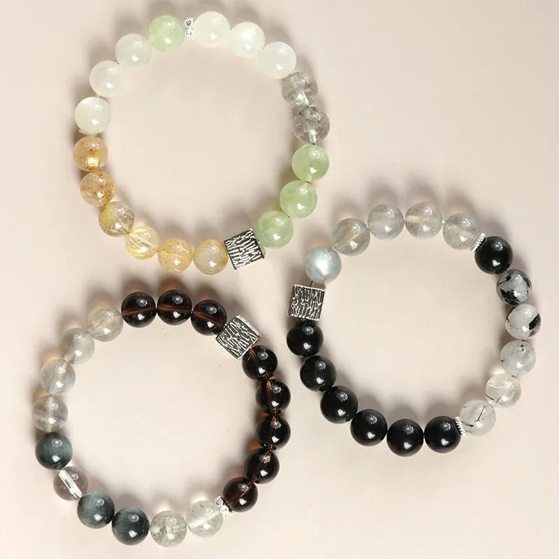 Chinese style geometric crystal couple bracelet in khaki, 10mm size, polished finish.