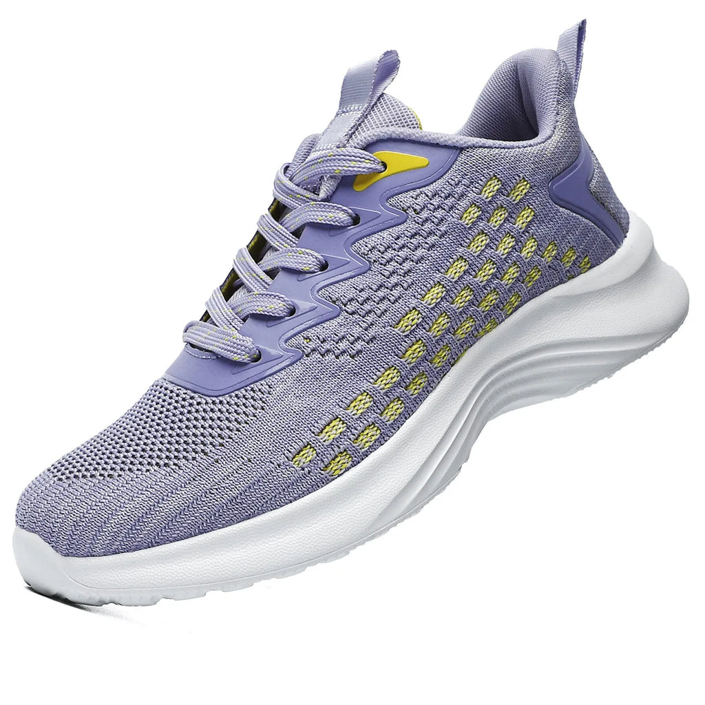 Women's Lavender Purple Flyknit running shoes with striped pattern, mesh upper, and flat EVA sole.