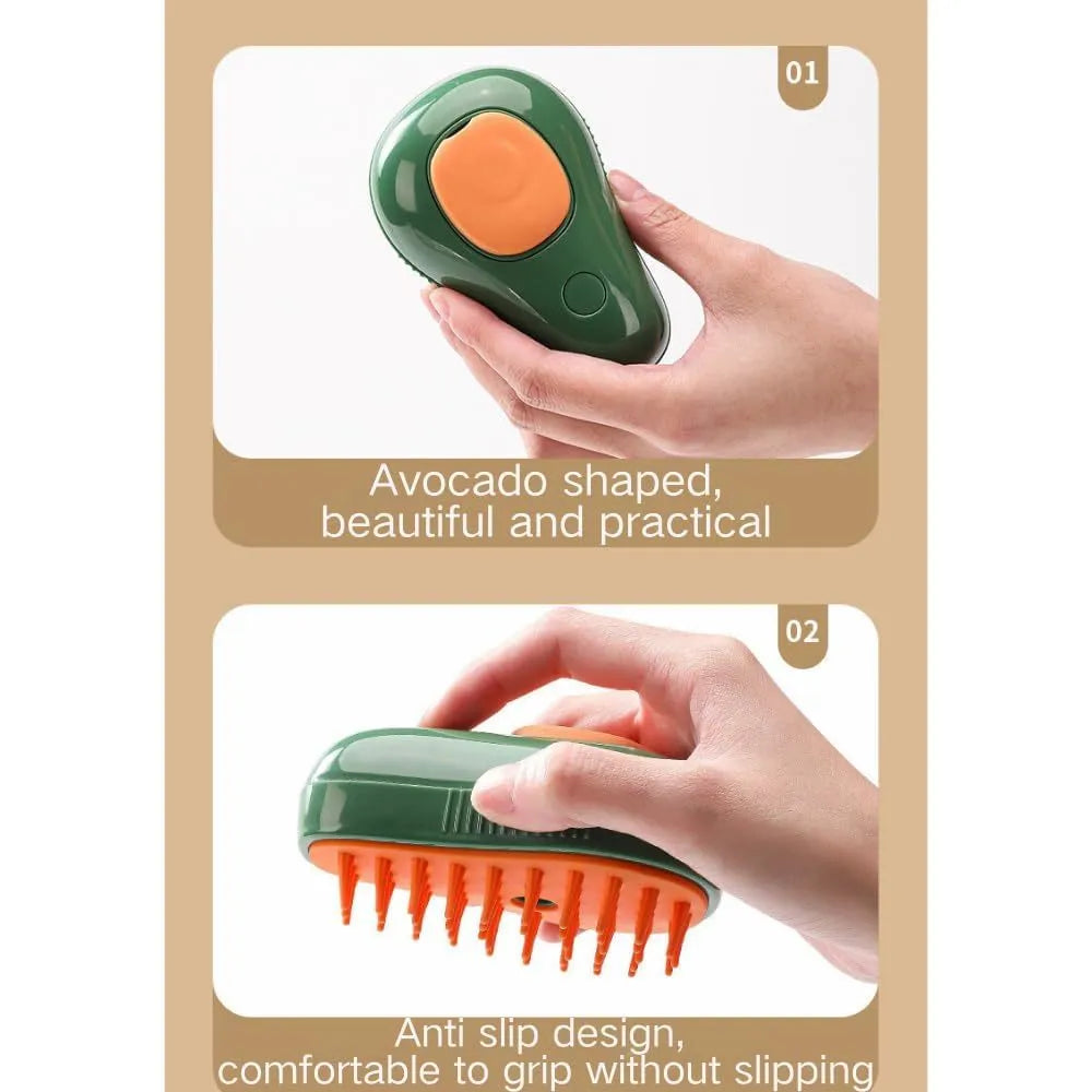 Green and white rechargeable cat steam grooming brush with silicone teeth and water spray nozzle.