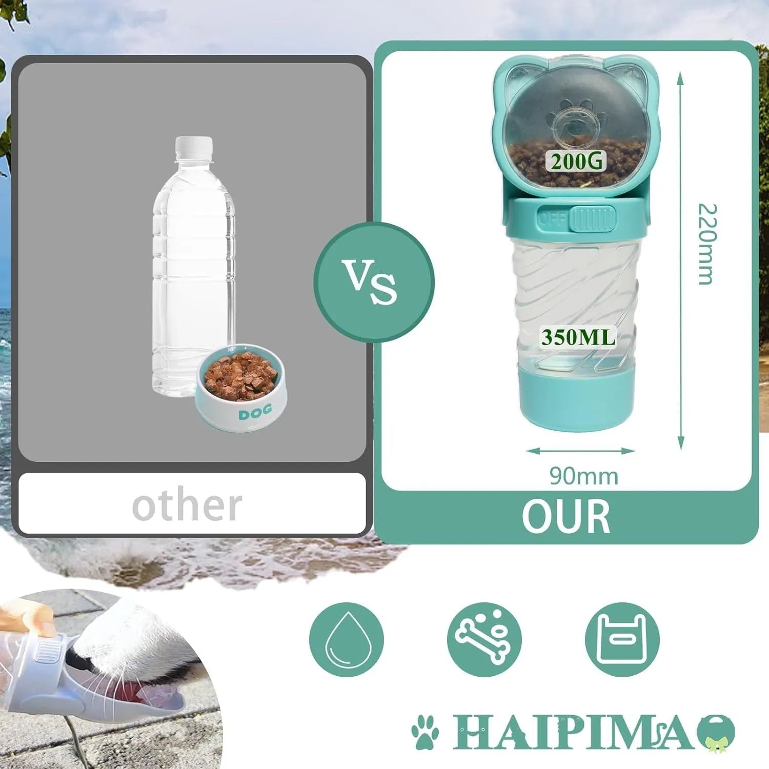 Green 3-in-1 portable pet water bottle with water dispenser, food container, and garbage bag compartment