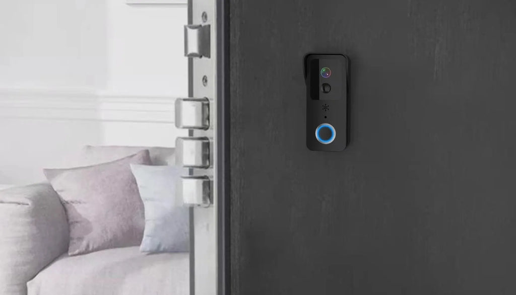 Black or white smart visual doorbell with camera, button, and waterproof casing for outdoor mounting.