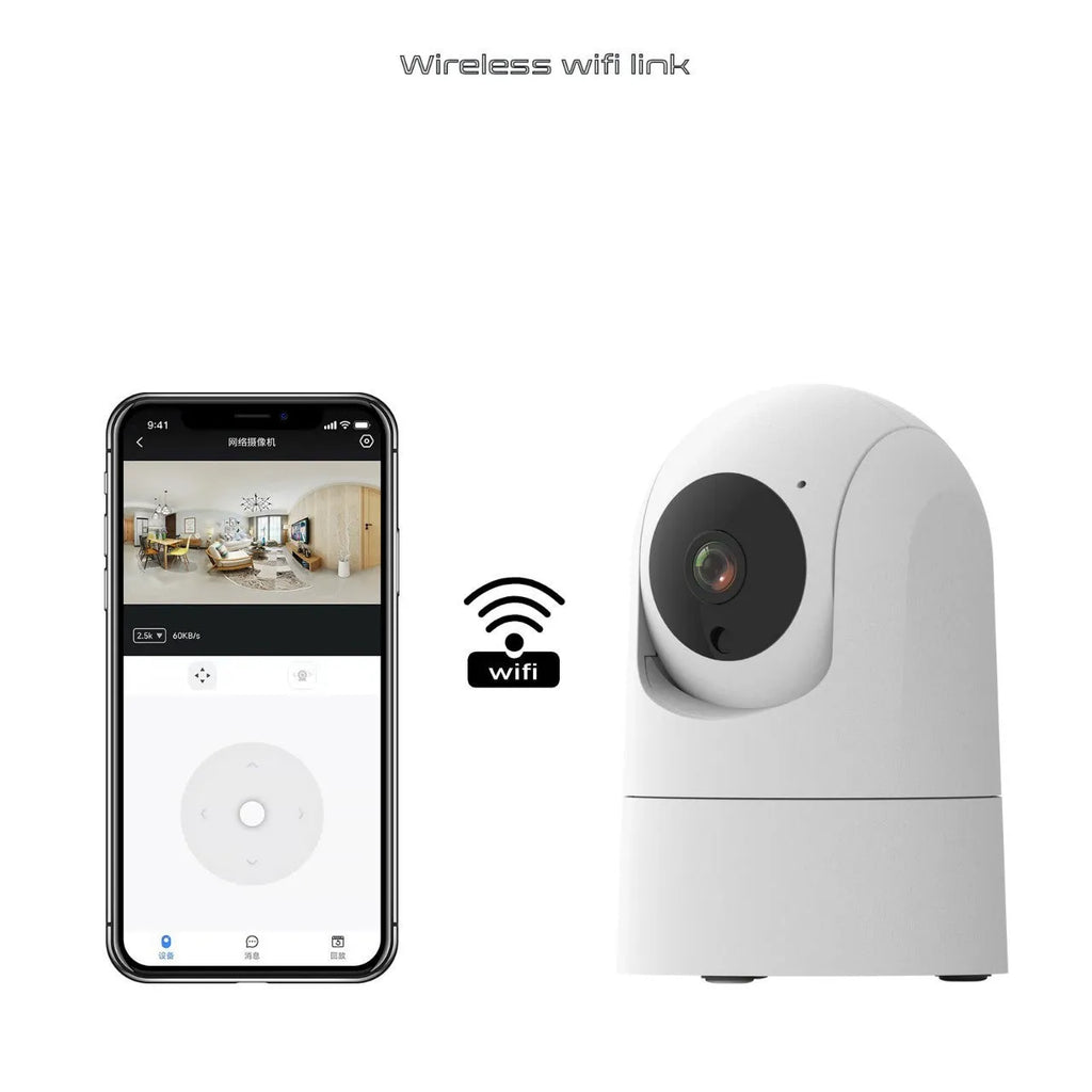 White indoor security camera with 5G and WIFI connectivity, two-way audio, and shake head tracking features