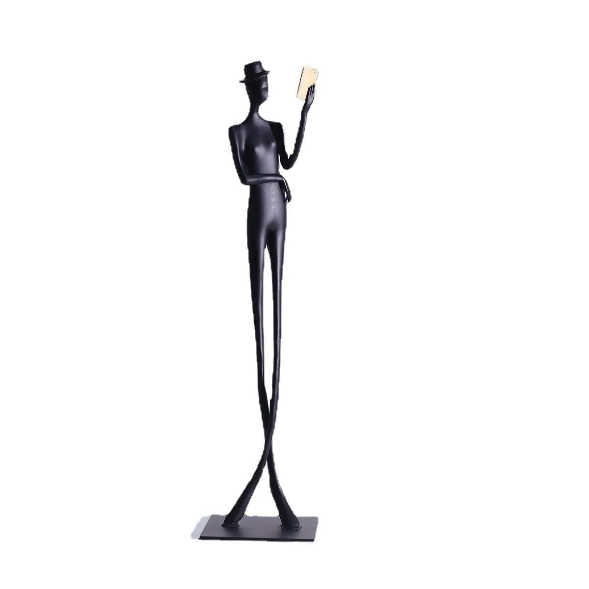 Black cast aluminium desktop sculpture of reading woman figure, modern design