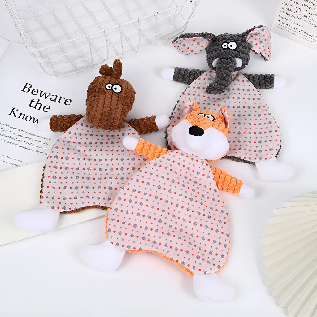 Brown stuffed animal fox elephant pet toy with soft velvet exterior for cats and dogs.