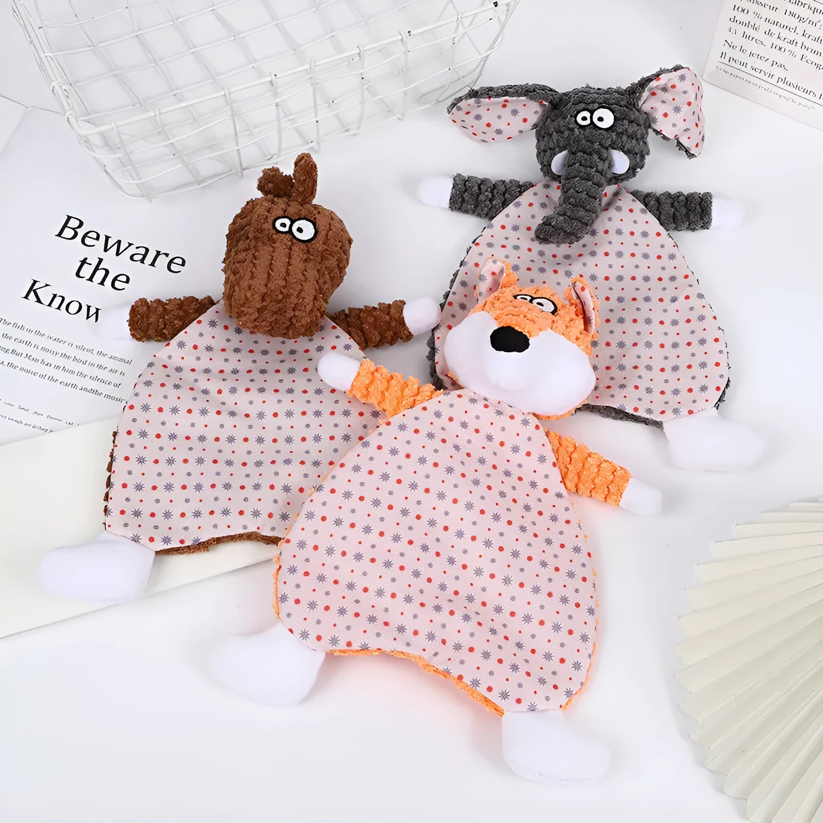 Brown stuffed animal fox elephant pet toy with soft velvet exterior for cats and dogs.