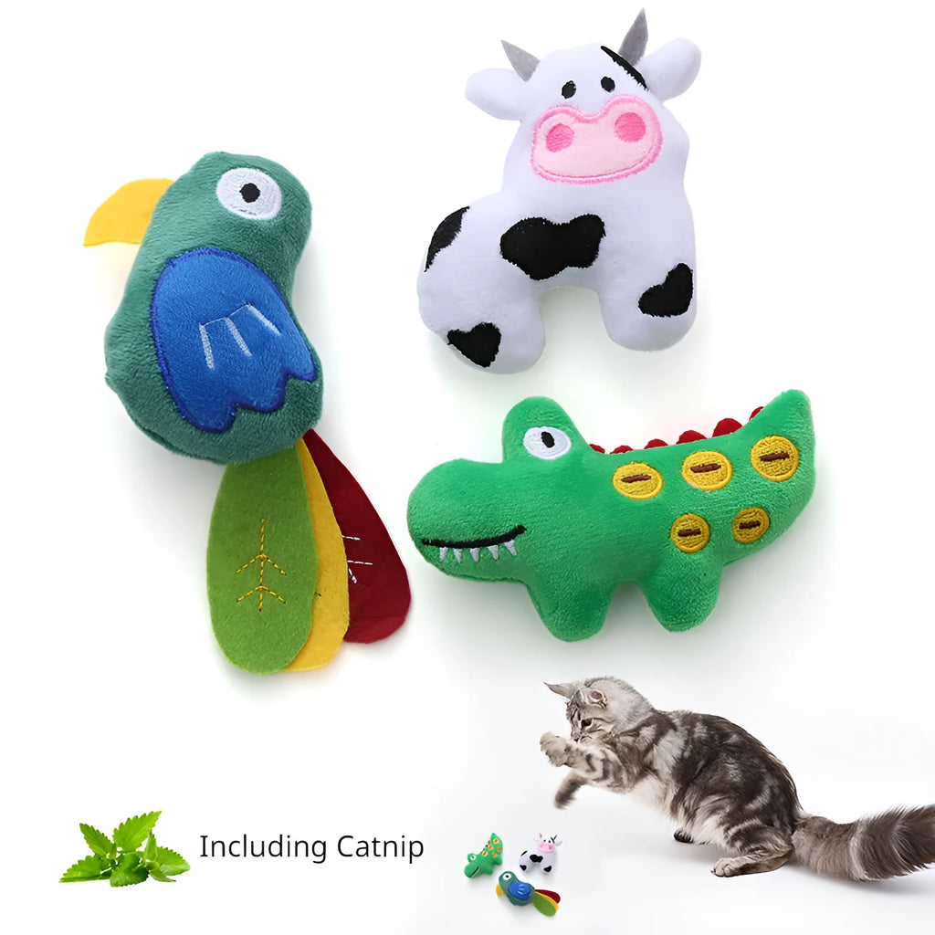 Plush cat toy shaped like animal with catnip for interactive pet play